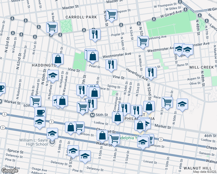 map of restaurants, bars, coffee shops, grocery stores, and more near 5527 Spring Street in Philadelphia