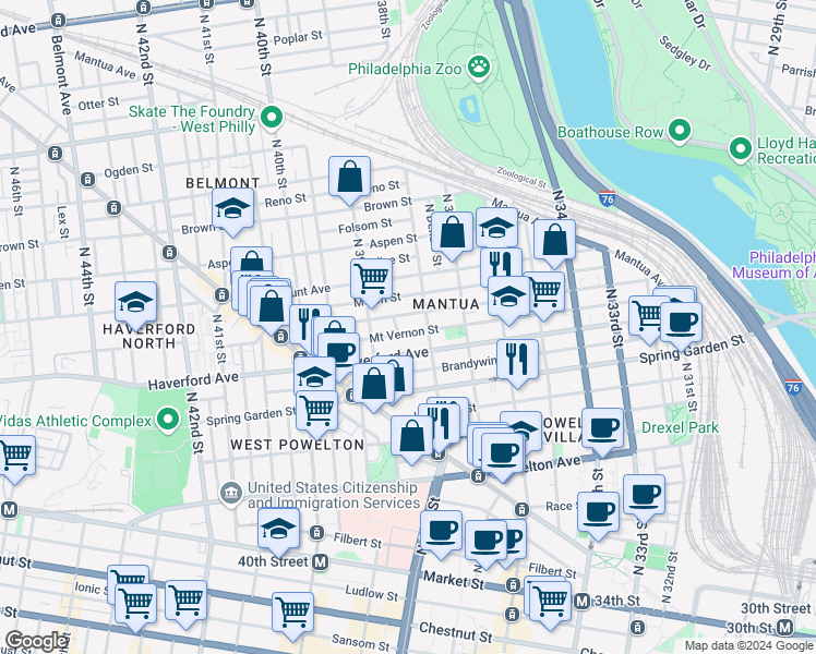 map of restaurants, bars, coffee shops, grocery stores, and more near 3821 Mount Vernon Street in Philadelphia
