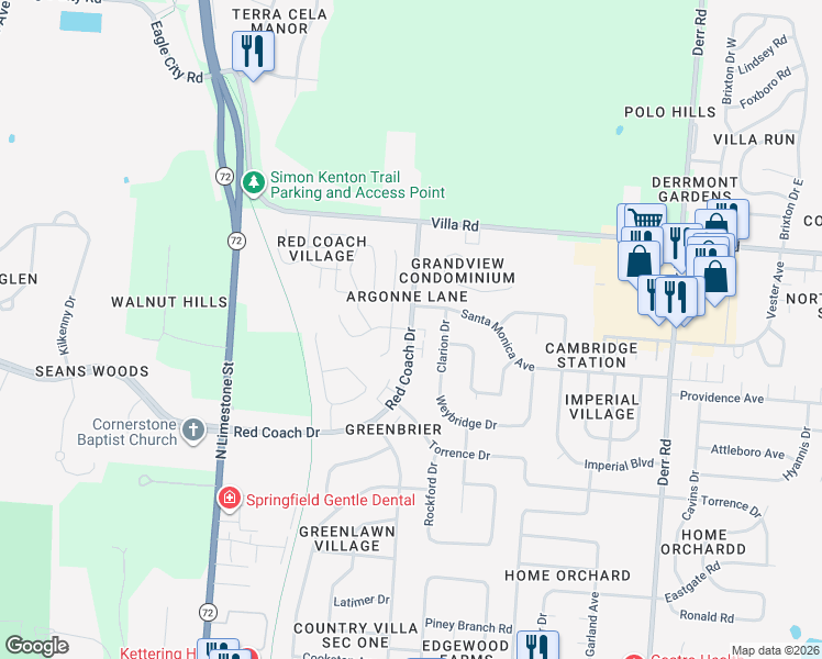 map of restaurants, bars, coffee shops, grocery stores, and more near 2901 Red Coach Drive in Springfield
