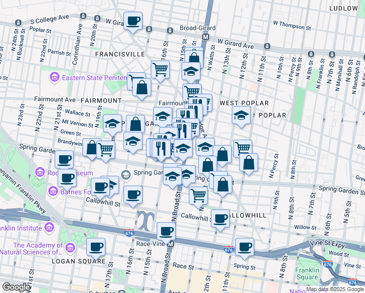 map of restaurants, bars, coffee shops, grocery stores, and more near 600 North Broad Street in Philadelphia