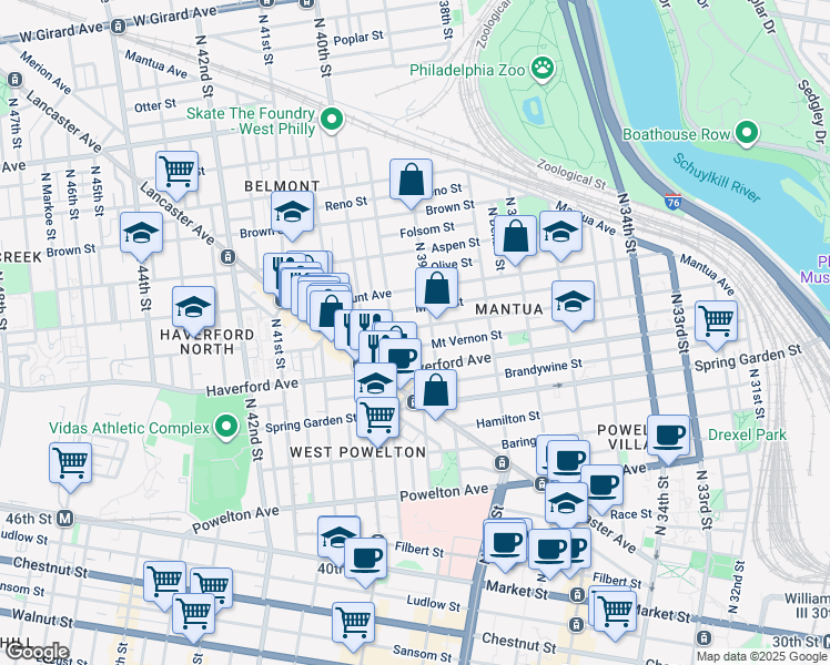 map of restaurants, bars, coffee shops, grocery stores, and more near 3914 Wallace Street in Philadelphia