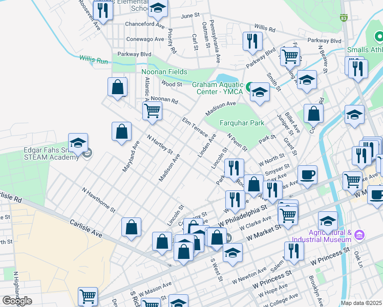 map of restaurants, bars, coffee shops, grocery stores, and more near 518 Roosevelt Avenue in York