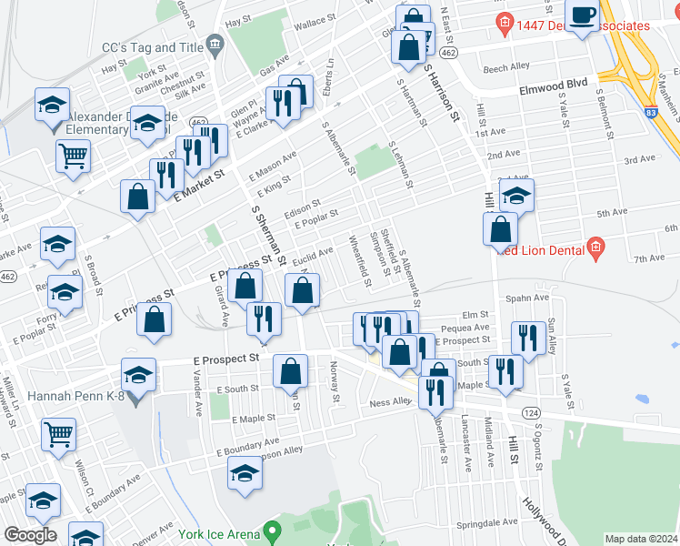 map of restaurants, bars, coffee shops, grocery stores, and more near 340 Warren Street in York