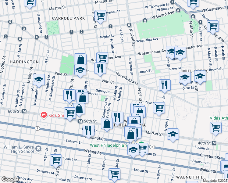 map of restaurants, bars, coffee shops, grocery stores, and more near 218 North 54th Street in Philadelphia