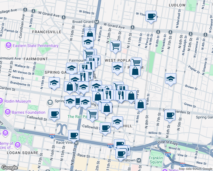 map of restaurants, bars, coffee shops, grocery stores, and more near 627 North Camac Street in Philadelphia