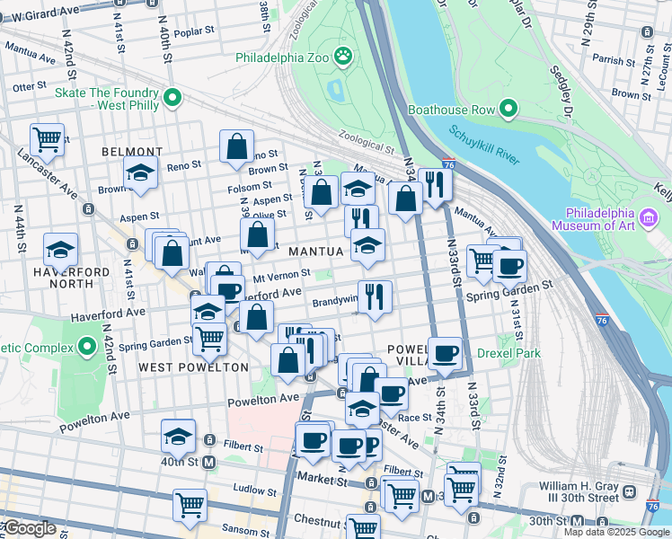 map of restaurants, bars, coffee shops, grocery stores, and more near 619 North 37th Street in Philadelphia