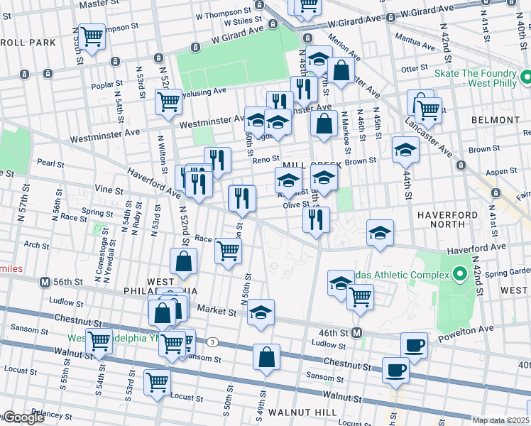 map of restaurants, bars, coffee shops, grocery stores, and more near 4951 Fairmount Avenue in Philadelphia