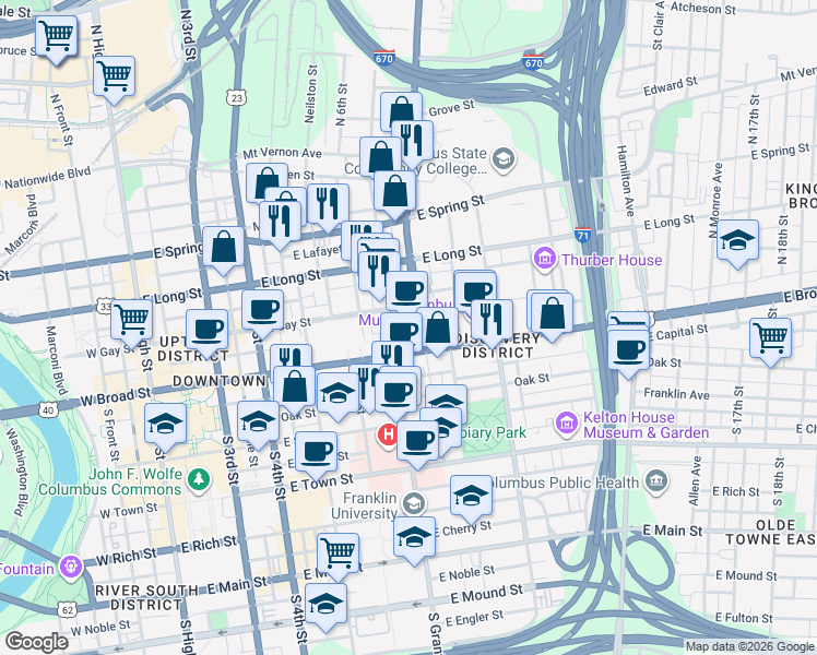 map of restaurants, bars, coffee shops, grocery stores, and more near 369 East Gay Street in Columbus