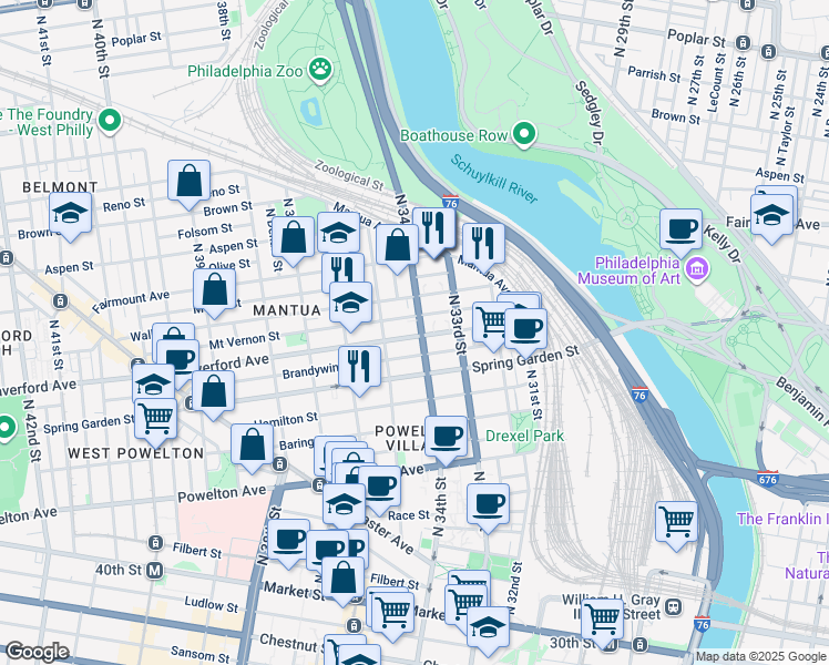 map of restaurants, bars, coffee shops, grocery stores, and more near 3421 Haverford Avenue in Philadelphia