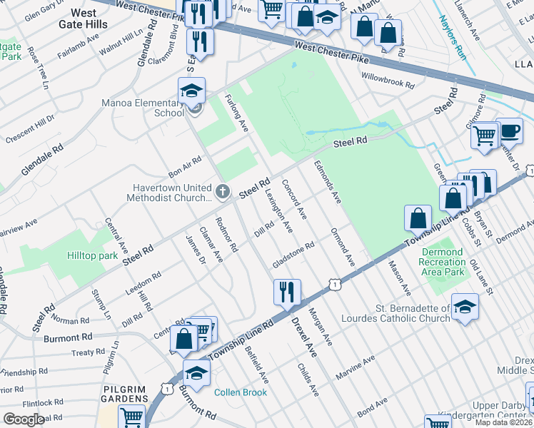 map of restaurants, bars, coffee shops, grocery stores, and more near 204 Lexington Avenue in Havertown