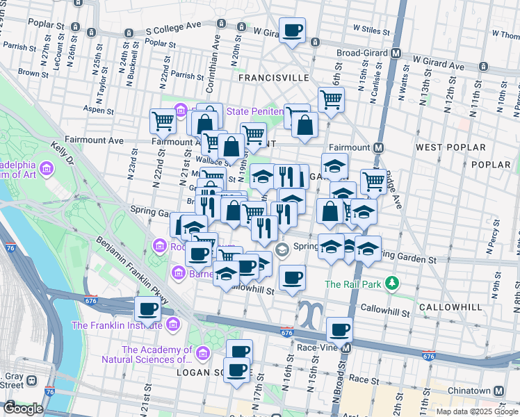 map of restaurants, bars, coffee shops, grocery stores, and more near 556 North 18th Street in Philadelphia
