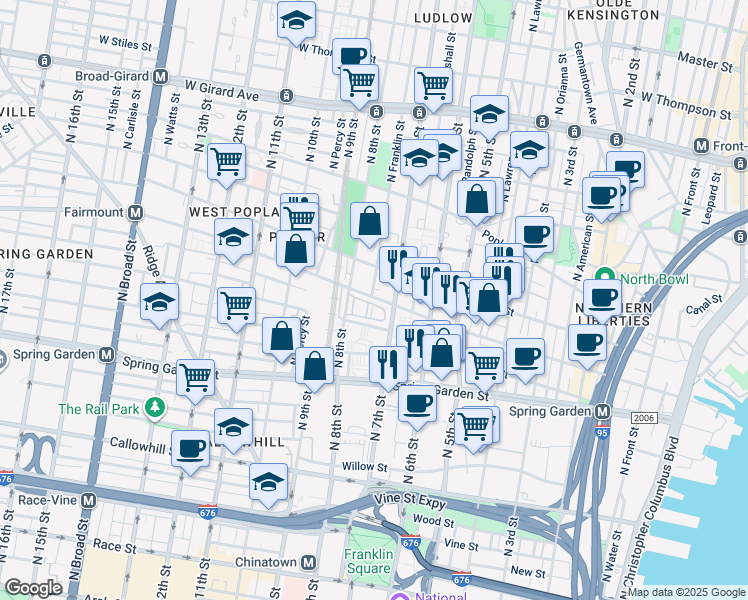 map of restaurants, bars, coffee shops, grocery stores, and more near 735 Melon Place in Philadelphia