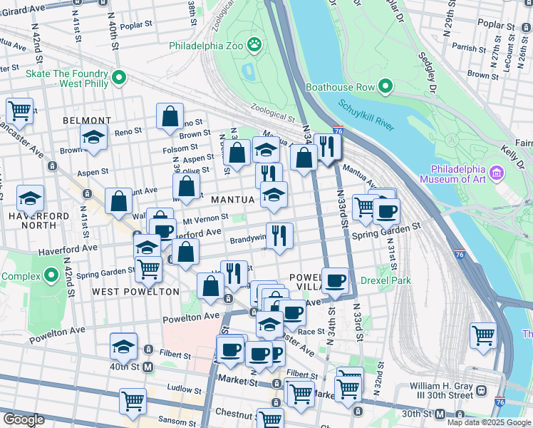 map of restaurants, bars, coffee shops, grocery stores, and more near 612 North 36th Street in Philadelphia
