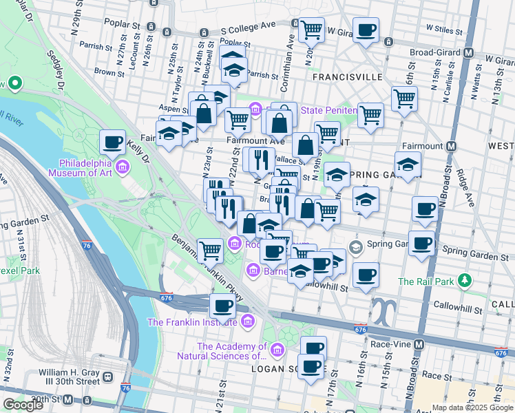 map of restaurants, bars, coffee shops, grocery stores, and more near 2039 Spring Garden Street in Philadelphia