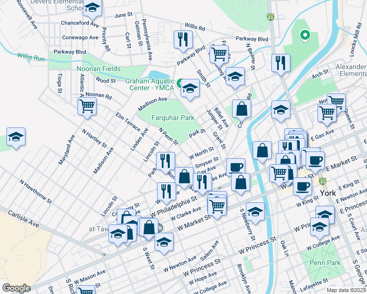 map of restaurants, bars, coffee shops, grocery stores, and more near 353 North Penn Street in York