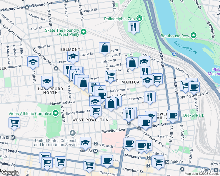 map of restaurants, bars, coffee shops, grocery stores, and more near 634 North 39th Street in Philadelphia