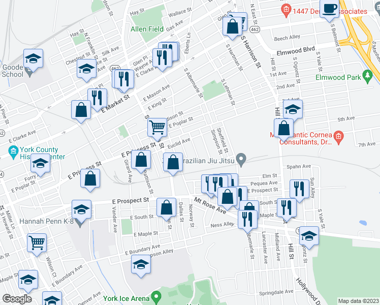 map of restaurants, bars, coffee shops, grocery stores, and more near 333 Frederick Court in York
