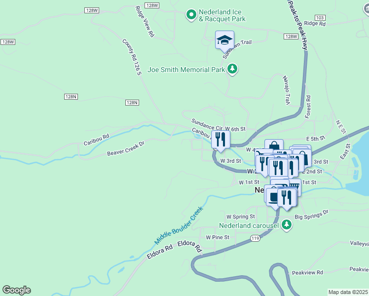 map of restaurants, bars, coffee shops, grocery stores, and more near 305 Wilson Street in Nederland