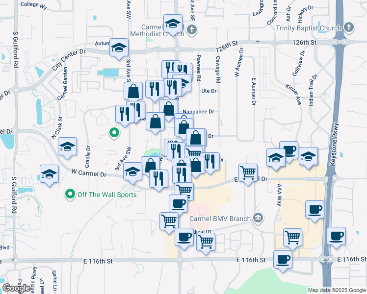 map of restaurants, bars, coffee shops, grocery stores, and more near 1063 South Rangeline Road in Carmel