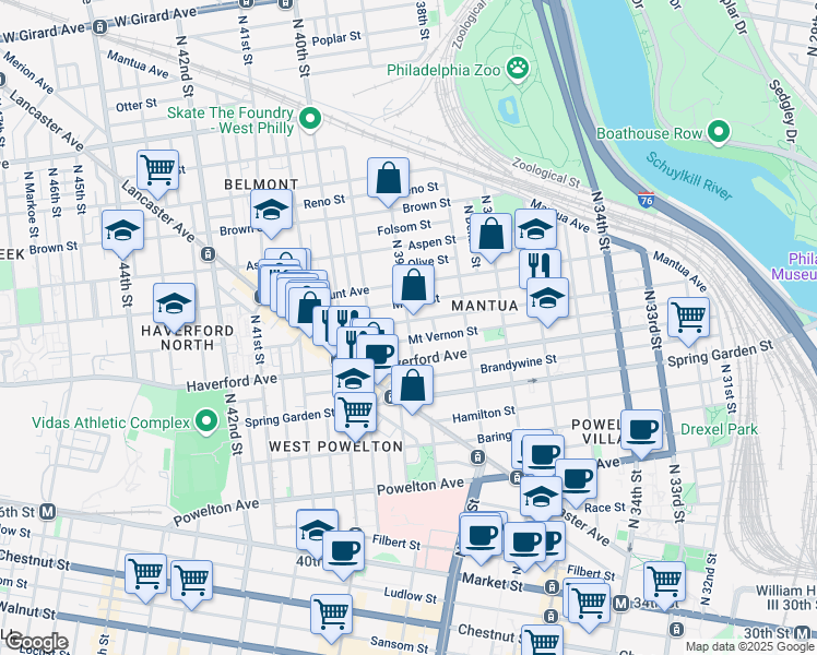 map of restaurants, bars, coffee shops, grocery stores, and more near 634 North 39th Street in Philadelphia