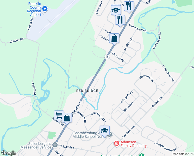 map of restaurants, bars, coffee shops, grocery stores, and more near 2106 Philadelphia Avenue in Chambersburg