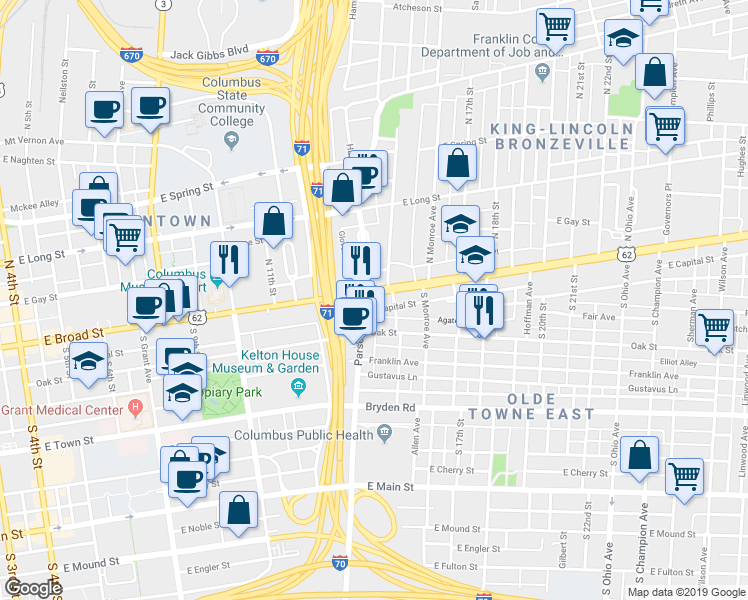 map of restaurants, bars, coffee shops, grocery stores, and more near 731 East Broad Street in Columbus