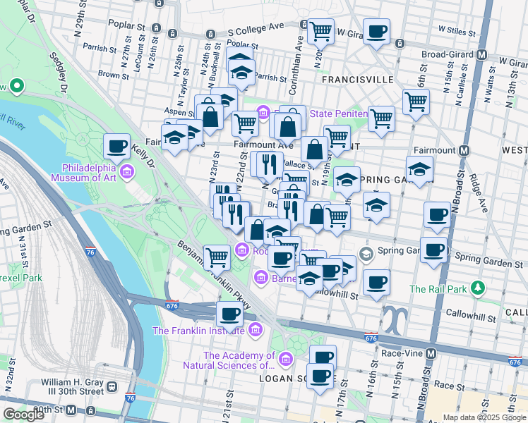 map of restaurants, bars, coffee shops, grocery stores, and more near 2041 Spring Garden Street in Philadelphia