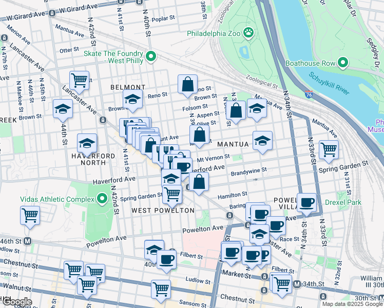 map of restaurants, bars, coffee shops, grocery stores, and more near 3906 Wallace Street in Philadelphia