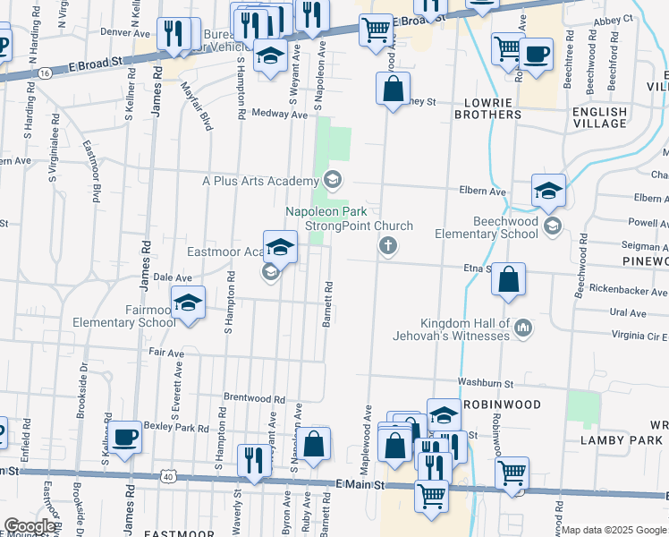 map of restaurants, bars, coffee shops, grocery stores, and more near 416 Barnett Road in Columbus