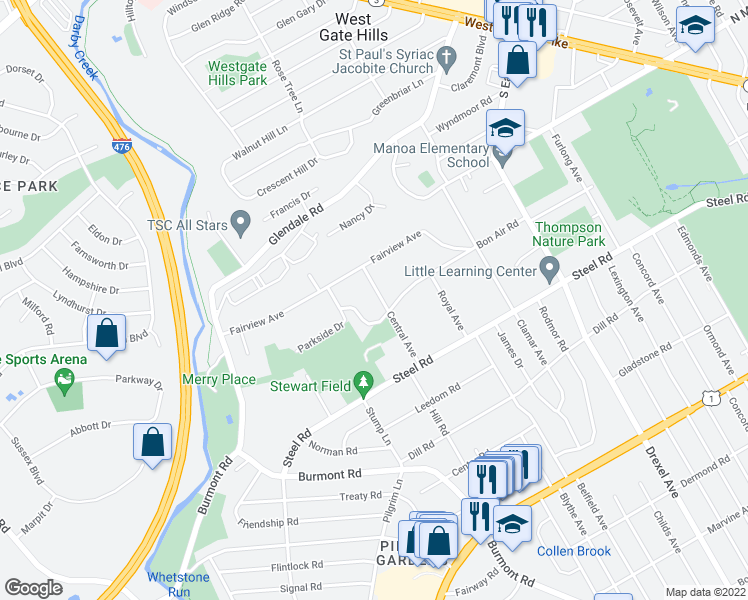 map of restaurants, bars, coffee shops, grocery stores, and more near 552 Central Avenue in Havertown