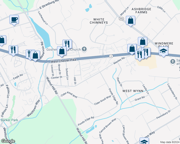 map of restaurants, bars, coffee shops, grocery stores, and more near 473 Summit House in West Chester