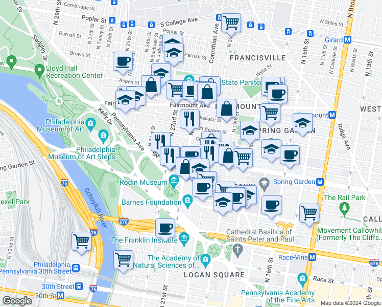 map of restaurants, bars, coffee shops, grocery stores, and more near 2039 Spring Garden Street in Philadelphia