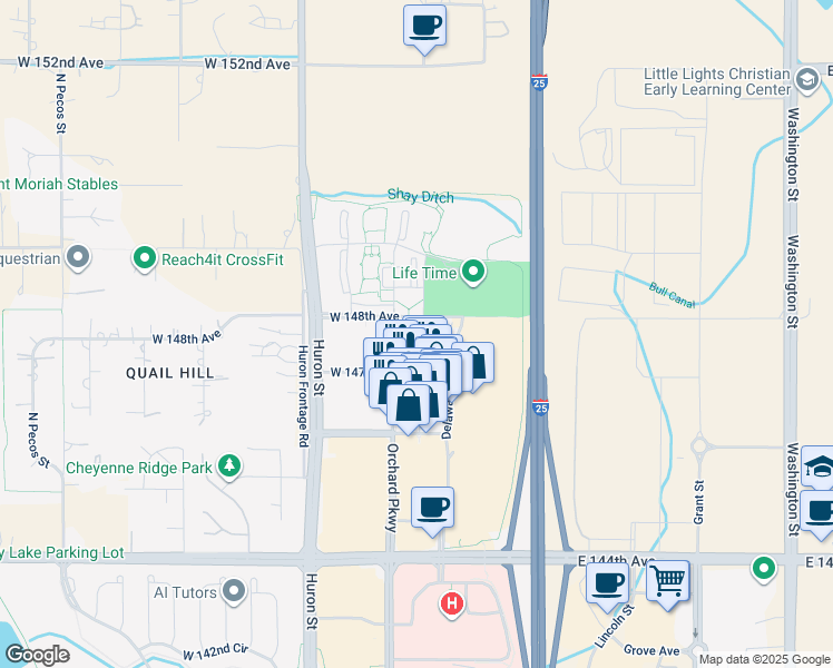 map of restaurants, bars, coffee shops, grocery stores, and more near 14770 Orchard Parkway in Westminster