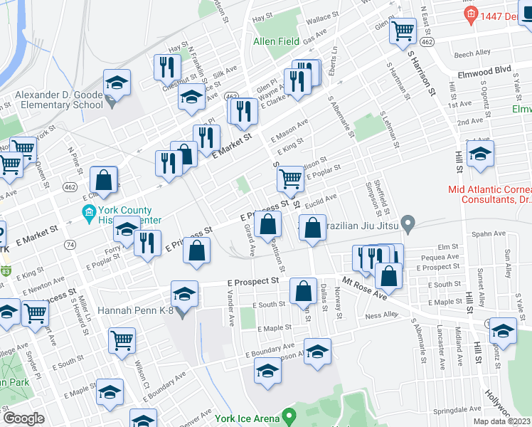 map of restaurants, bars, coffee shops, grocery stores, and more near 700 East Princess Street in York