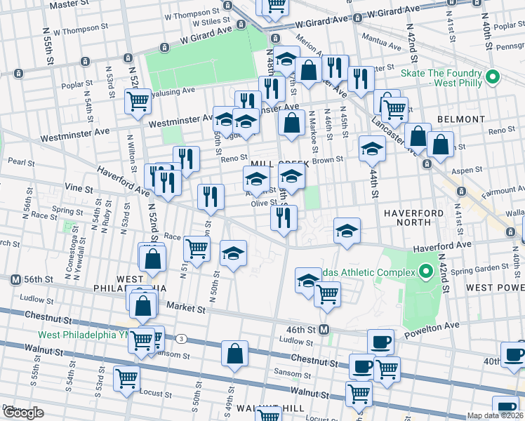 map of restaurants, bars, coffee shops, grocery stores, and more near 4834 Olive Street in Philadelphia