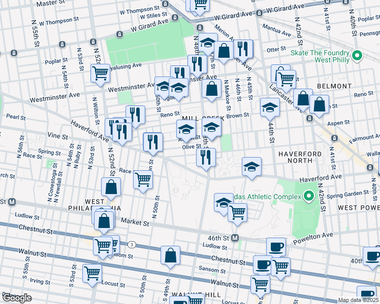 map of restaurants, bars, coffee shops, grocery stores, and more near 4847 Fairmount Avenue in Philadelphia