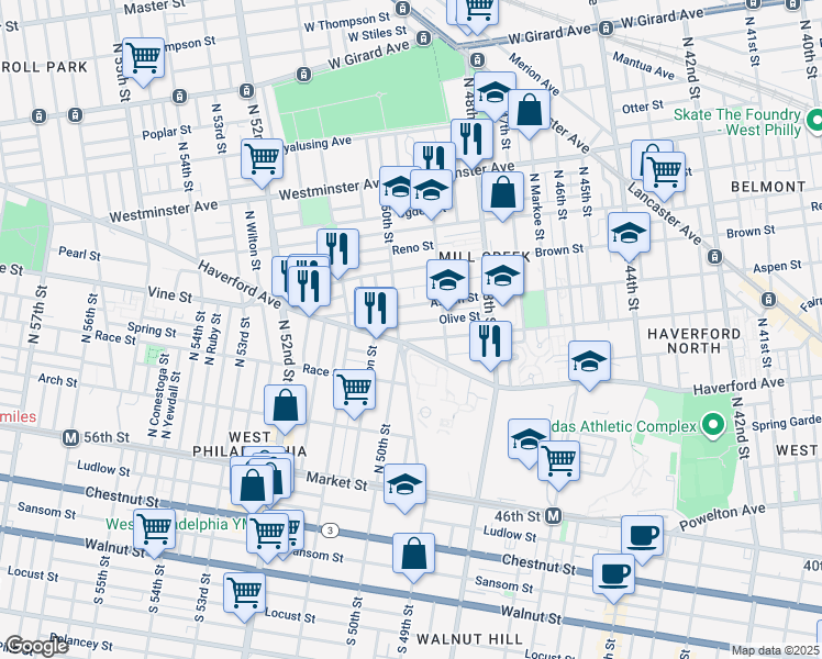 map of restaurants, bars, coffee shops, grocery stores, and more near 4951 Fairmount Avenue in Philadelphia