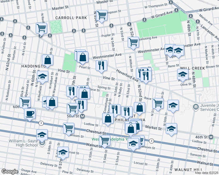 map of restaurants, bars, coffee shops, grocery stores, and more near 5458 Summer Street in Philadelphia