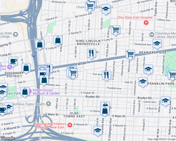 map of restaurants, bars, coffee shops, grocery stores, and more near 995 East Broad Street in Columbus