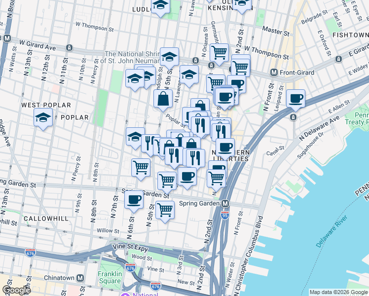 map of restaurants, bars, coffee shops, grocery stores, and more near 829 North 4th Street in Philadelphia