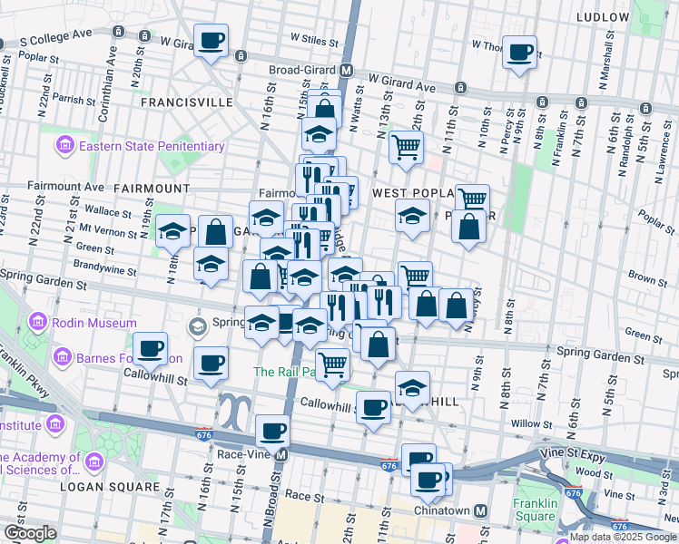 map of restaurants, bars, coffee shops, grocery stores, and more near 1208 Lemon Street in Philadelphia