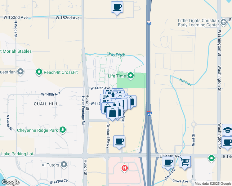 map of restaurants, bars, coffee shops, grocery stores, and more near 14770 Orchard Parkway in Westminster
