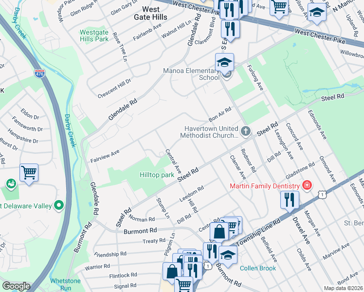 map of restaurants, bars, coffee shops, grocery stores, and more near 1237 Bon Air Road in Havertown