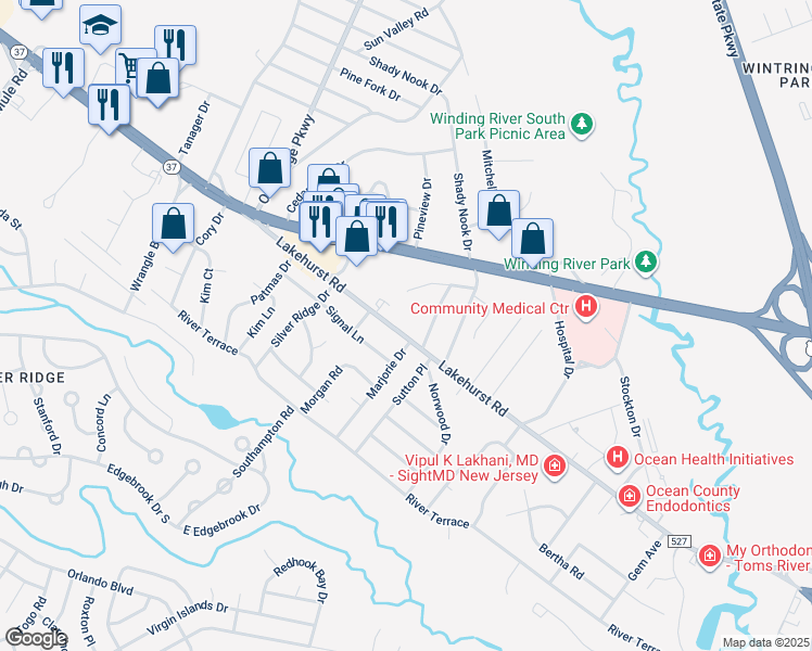 map of restaurants, bars, coffee shops, grocery stores, and more near 508 Lakehurst Road in Toms River