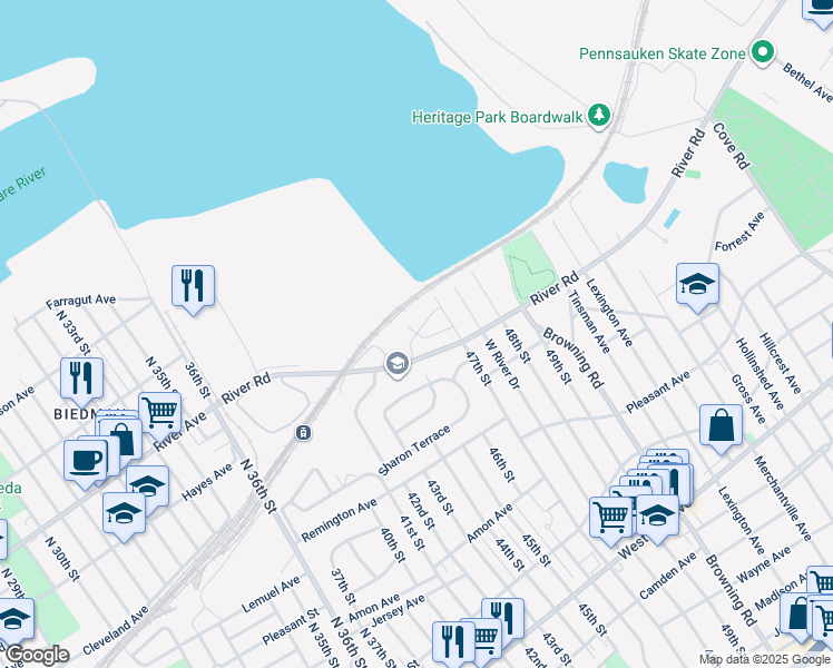 map of restaurants, bars, coffee shops, grocery stores, and more near 4675 River Road in Pennsauken Township