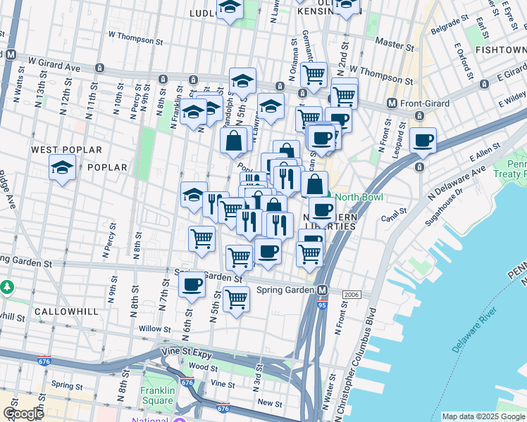 map of restaurants, bars, coffee shops, grocery stores, and more near 829 North 4th Street in Philadelphia