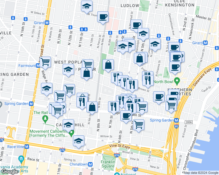 map of restaurants, bars, coffee shops, grocery stores, and more near 705-09 Franklin Place in Philadelphia