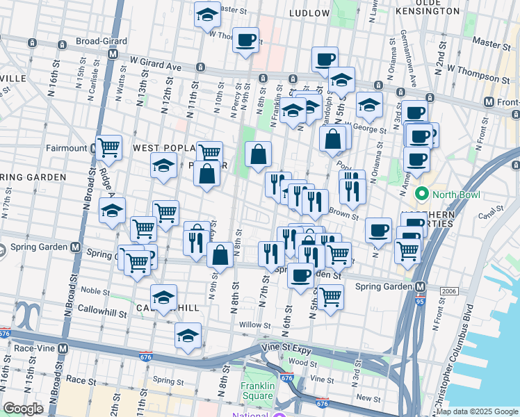 map of restaurants, bars, coffee shops, grocery stores, and more near 705-09 Franklin Place in Philadelphia