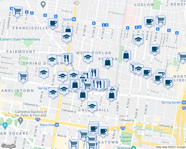 map of restaurants, bars, coffee shops, grocery stores, and more near in Philadelphia