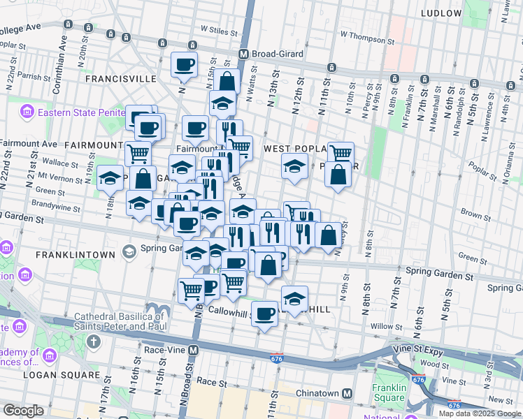 map of restaurants, bars, coffee shops, grocery stores, and more near 1315 Ridge Avenue in Philadelphia